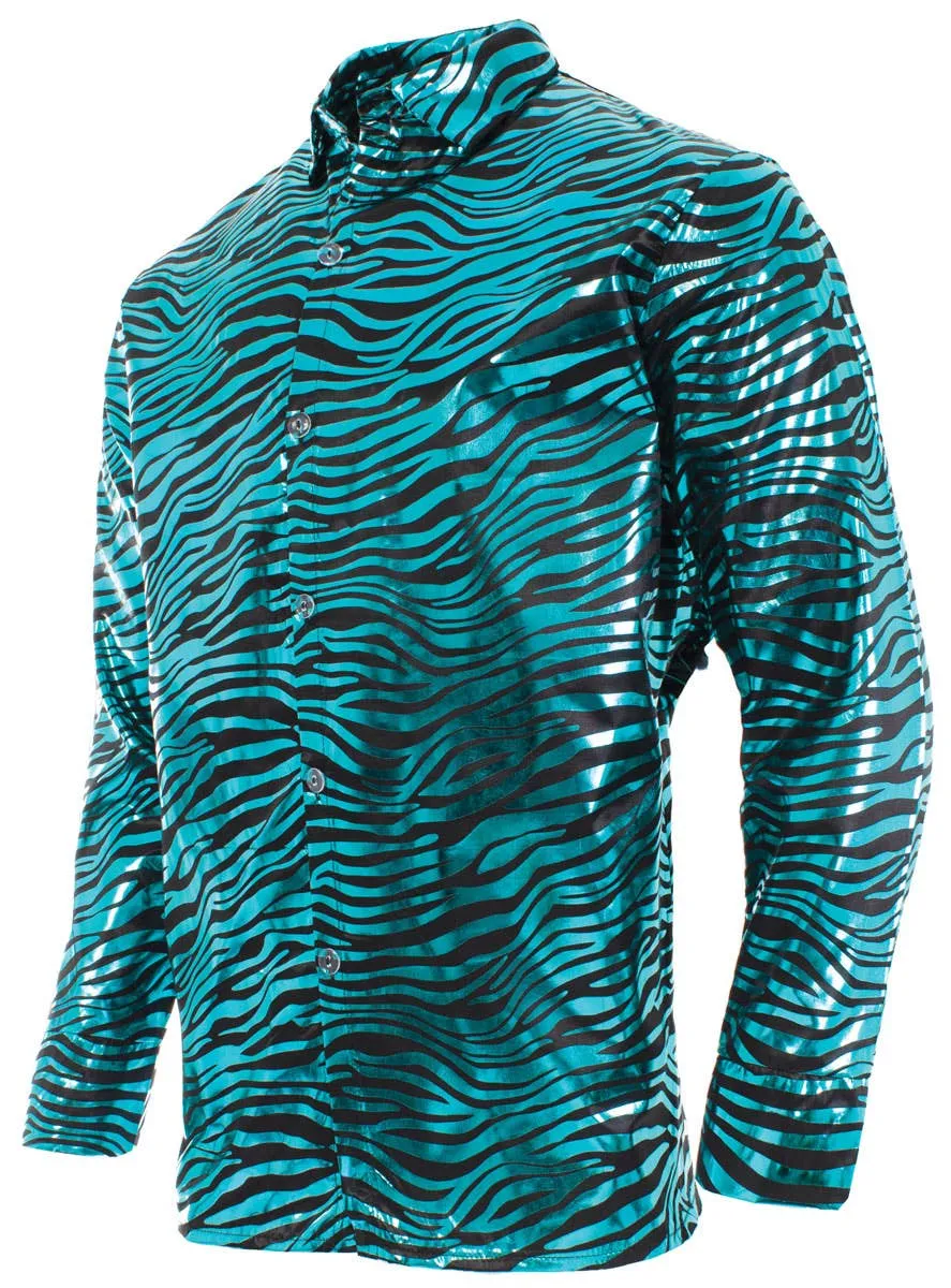 Tiger King Blue Metallic Tiger Print Mens Plus Size Costume Shirt