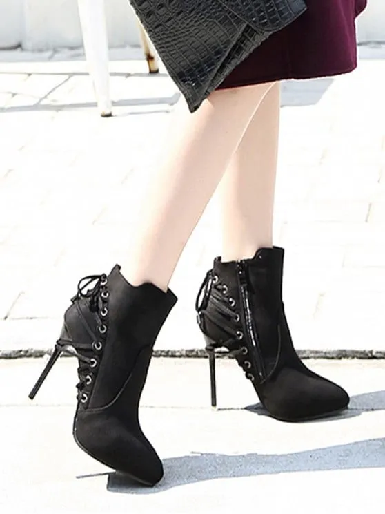 Trendy Pointed Toe Eyelet Stiletto Ankle Boots