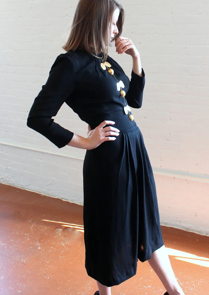 Vintage 1940s Art Deco Simple Black Crepe Dress