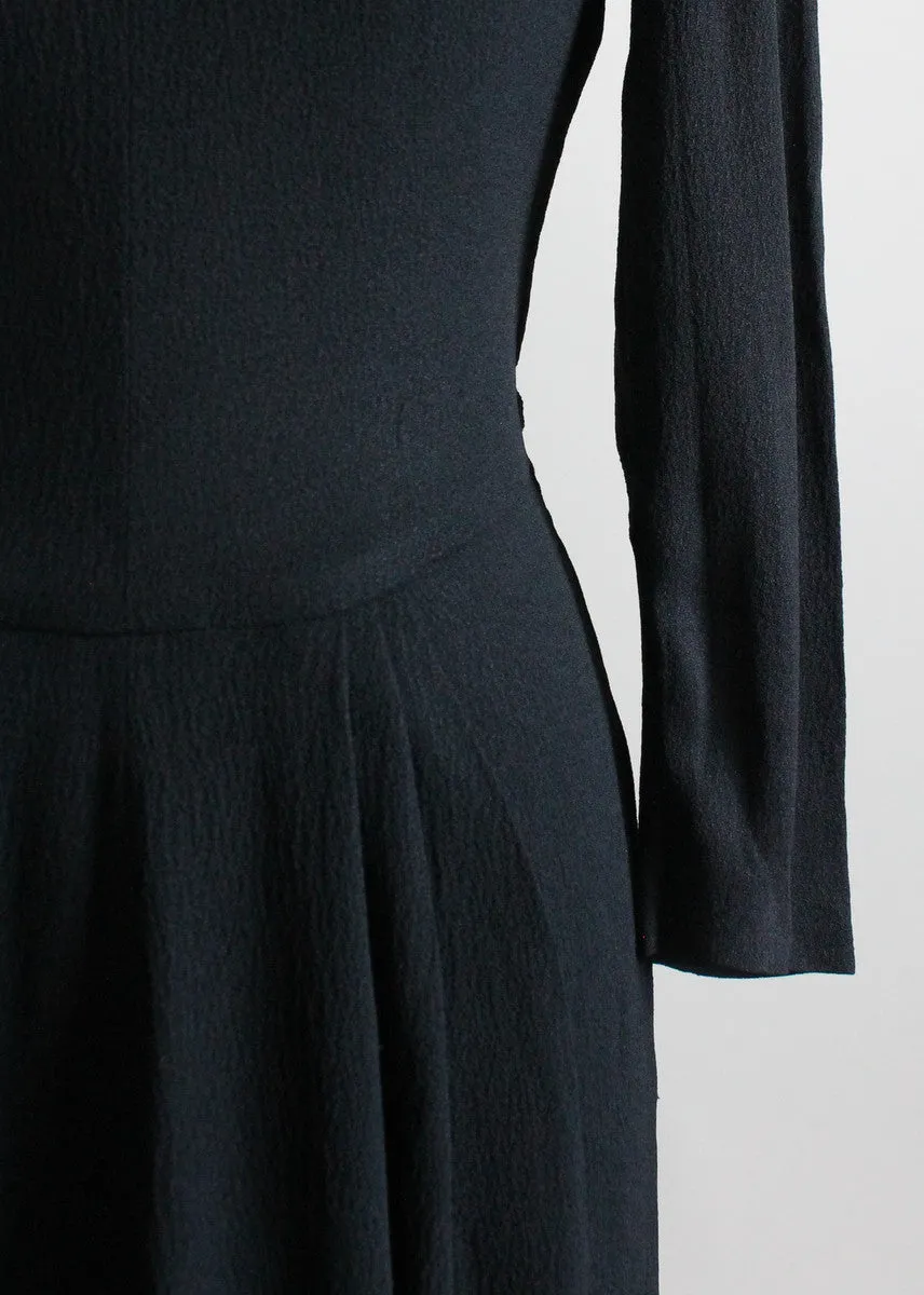 Vintage 1940s Art Deco Simple Black Crepe Dress