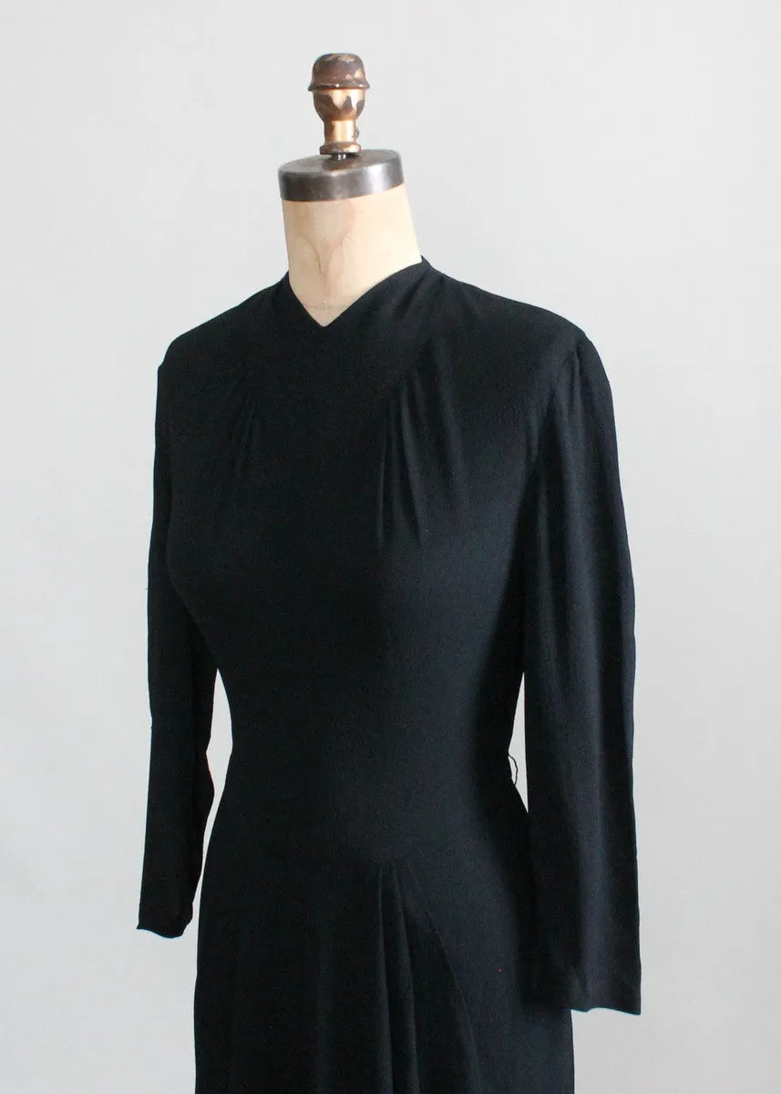 Vintage 1940s Art Deco Simple Black Crepe Dress