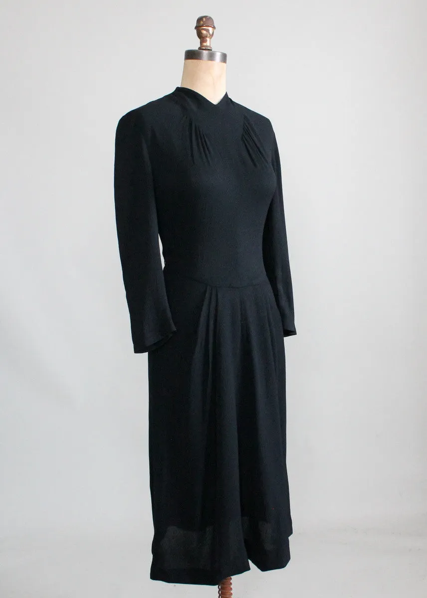 Vintage 1940s Art Deco Simple Black Crepe Dress