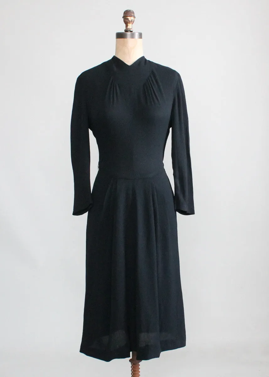 Vintage 1940s Art Deco Simple Black Crepe Dress