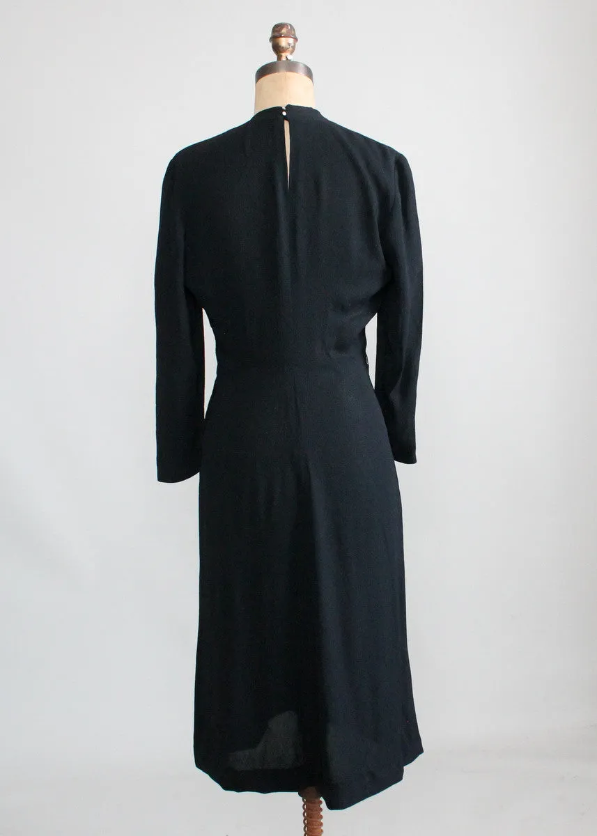 Vintage 1940s Art Deco Simple Black Crepe Dress