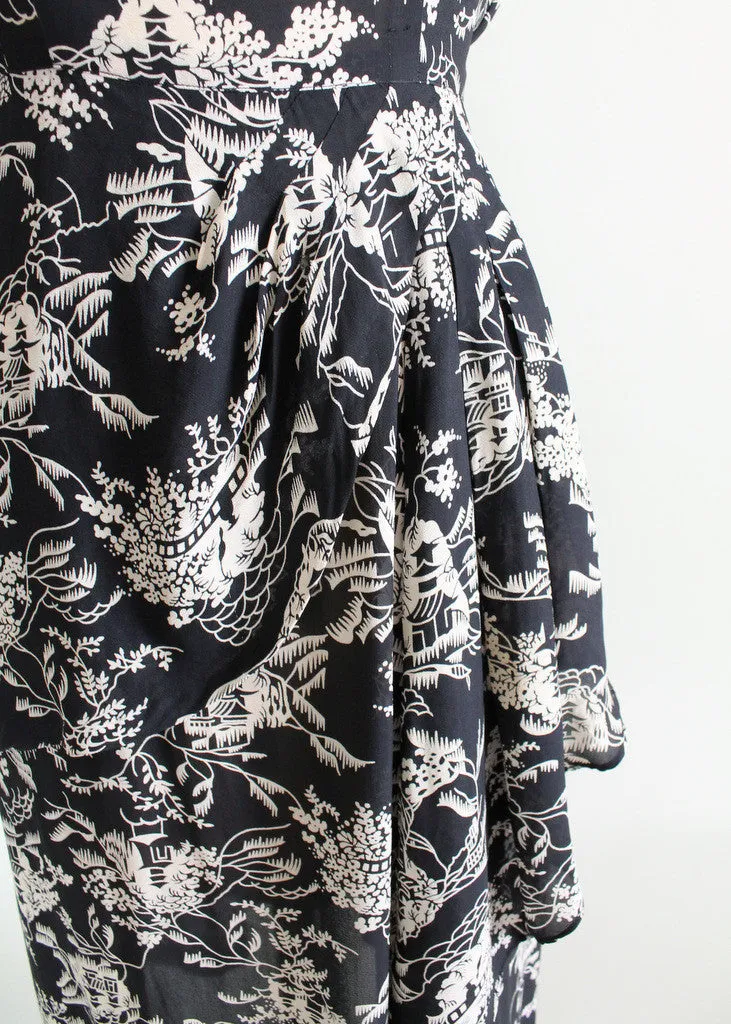 Vintage 1940s Asian Print Rayon Peplum Dress