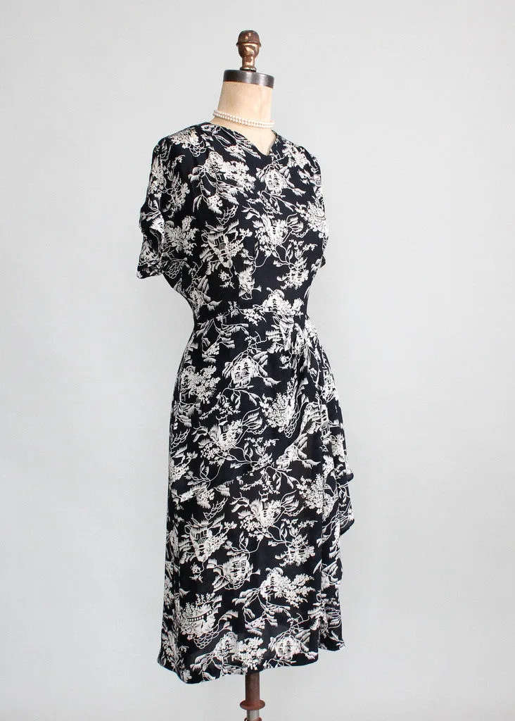 Vintage 1940s Asian Print Rayon Peplum Dress