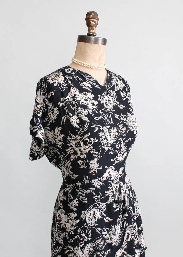 Vintage 1940s Asian Print Rayon Peplum Dress