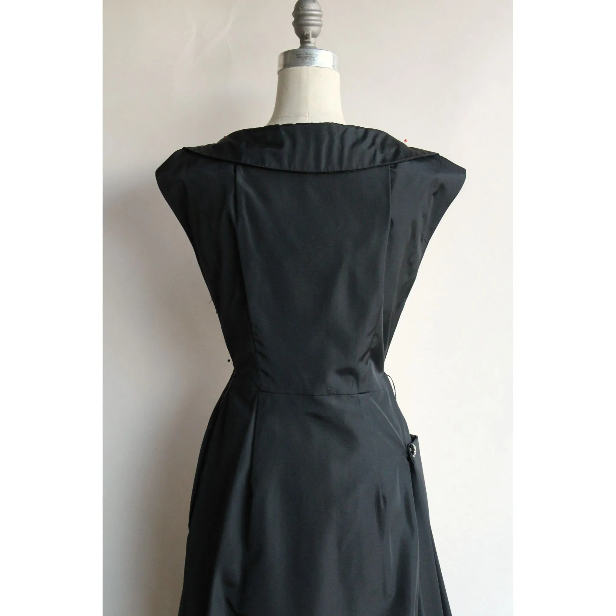 Vintage 1950s Black Taffeta Dress With Rhinestones and Hip Swag