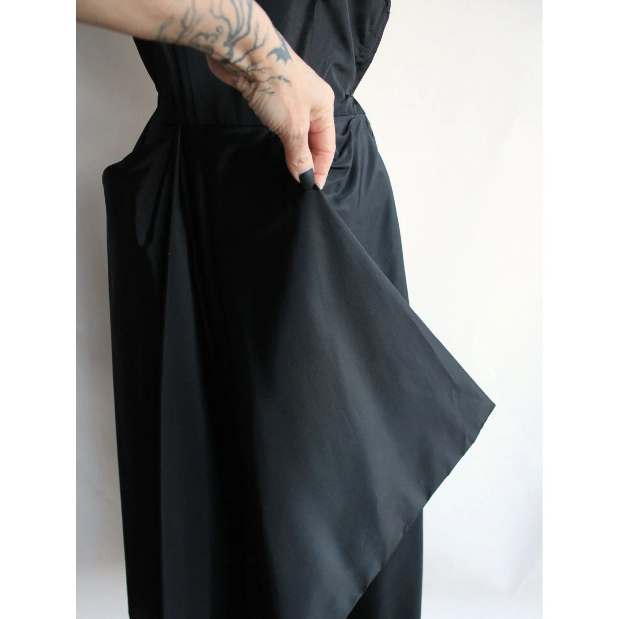 Vintage 1950s Black Taffeta Dress With Rhinestones and Hip Swag