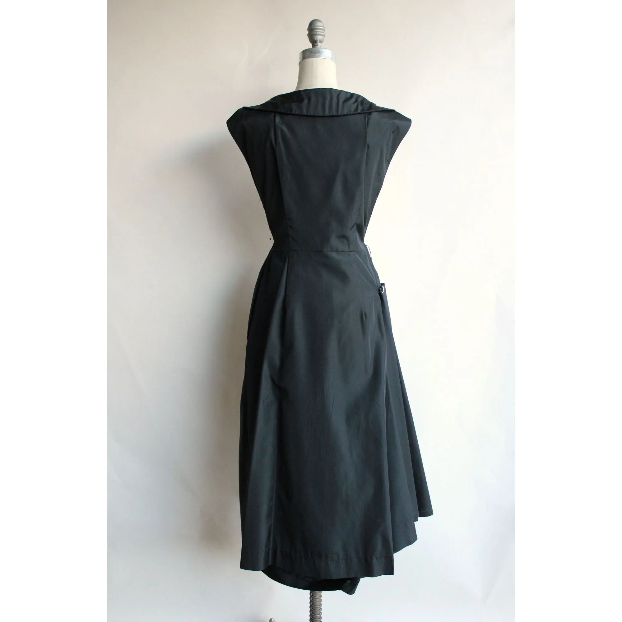 Vintage 1950s Black Taffeta Dress With Rhinestones and Hip Swag