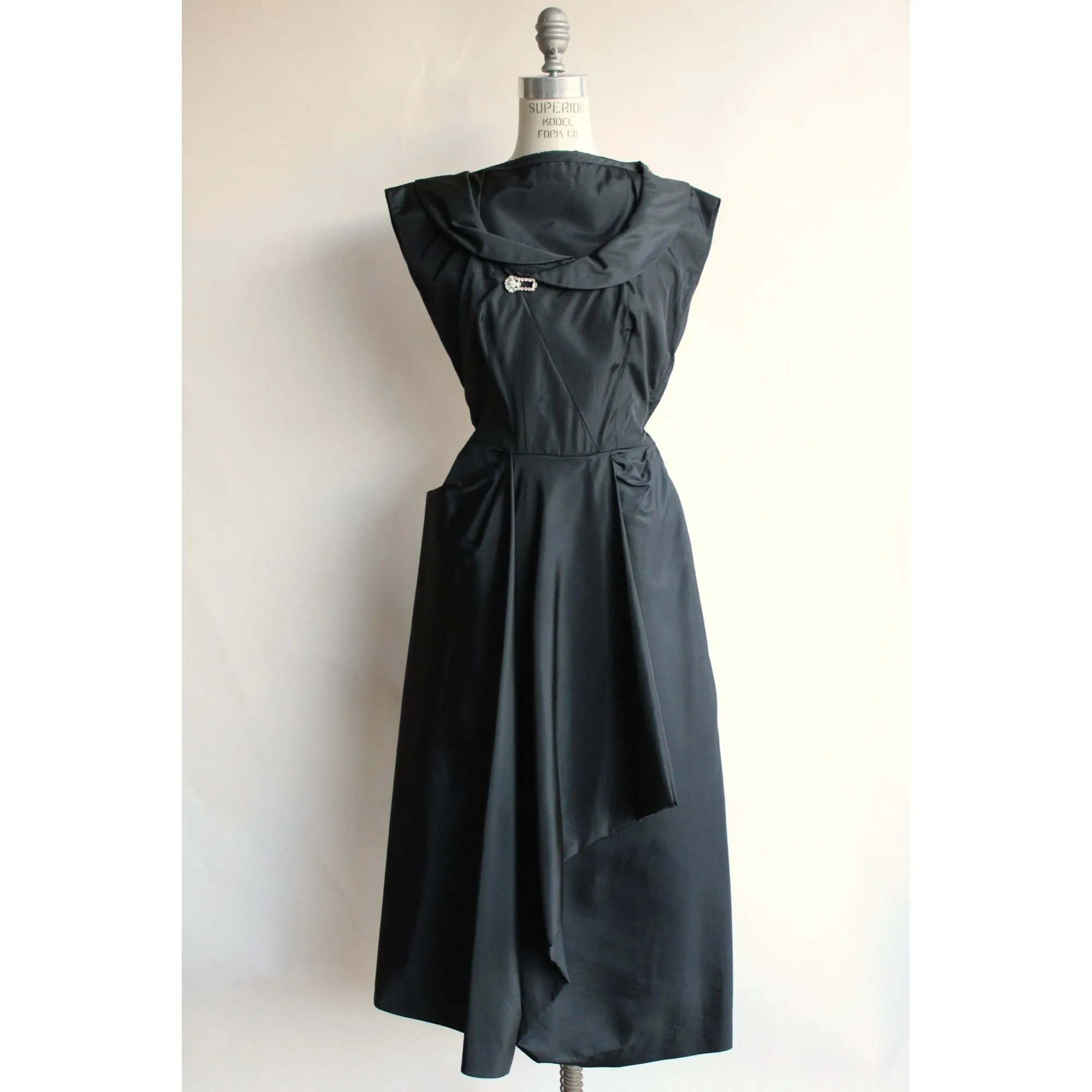 Vintage 1950s Black Taffeta Dress With Rhinestones and Hip Swag