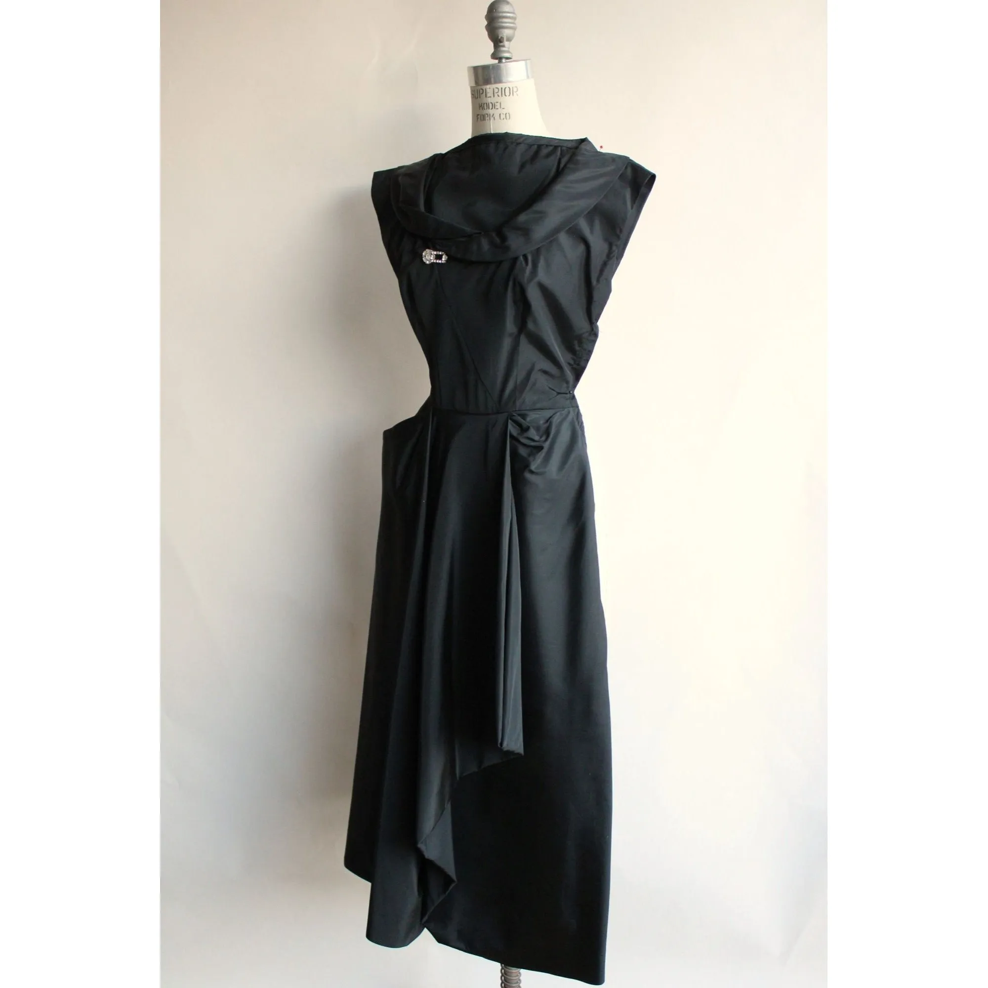 Vintage 1950s Black Taffeta Dress With Rhinestones and Hip Swag