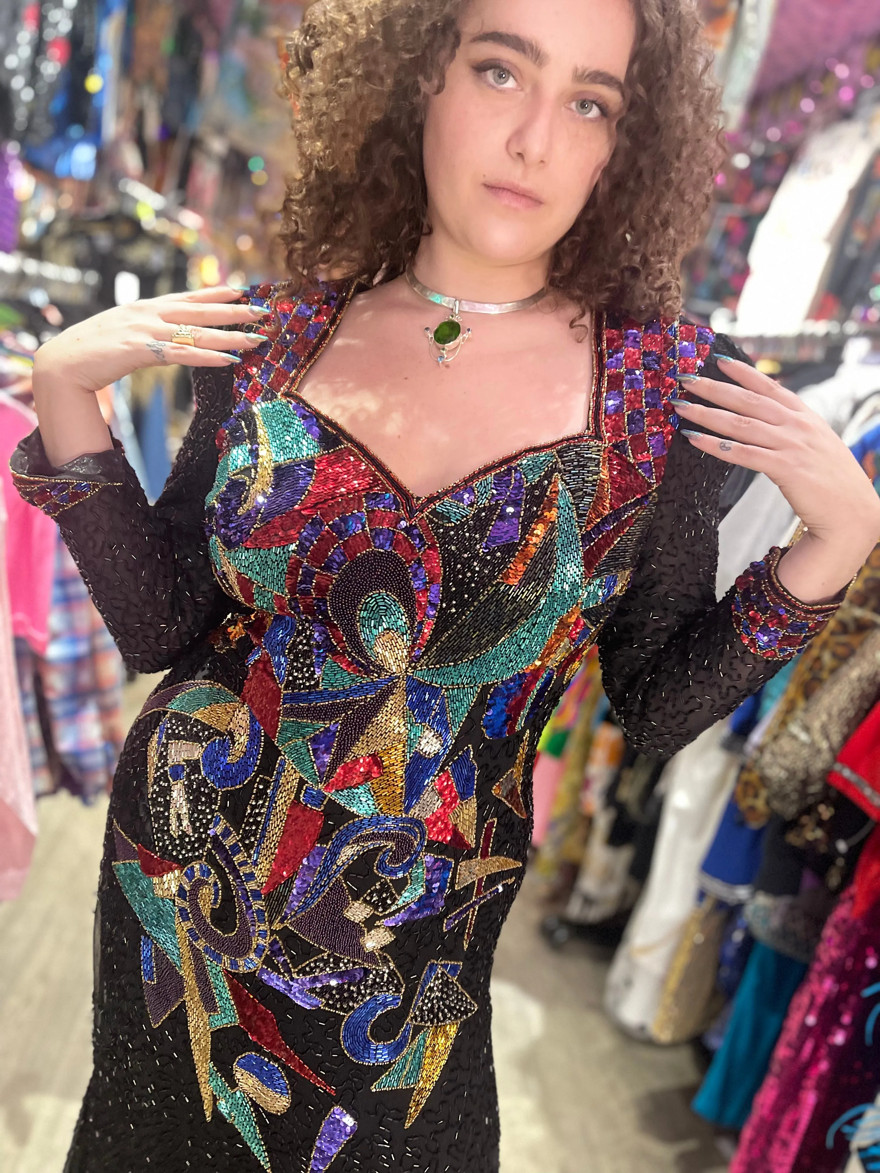 Vintage 80s Sequin Geometric Gown