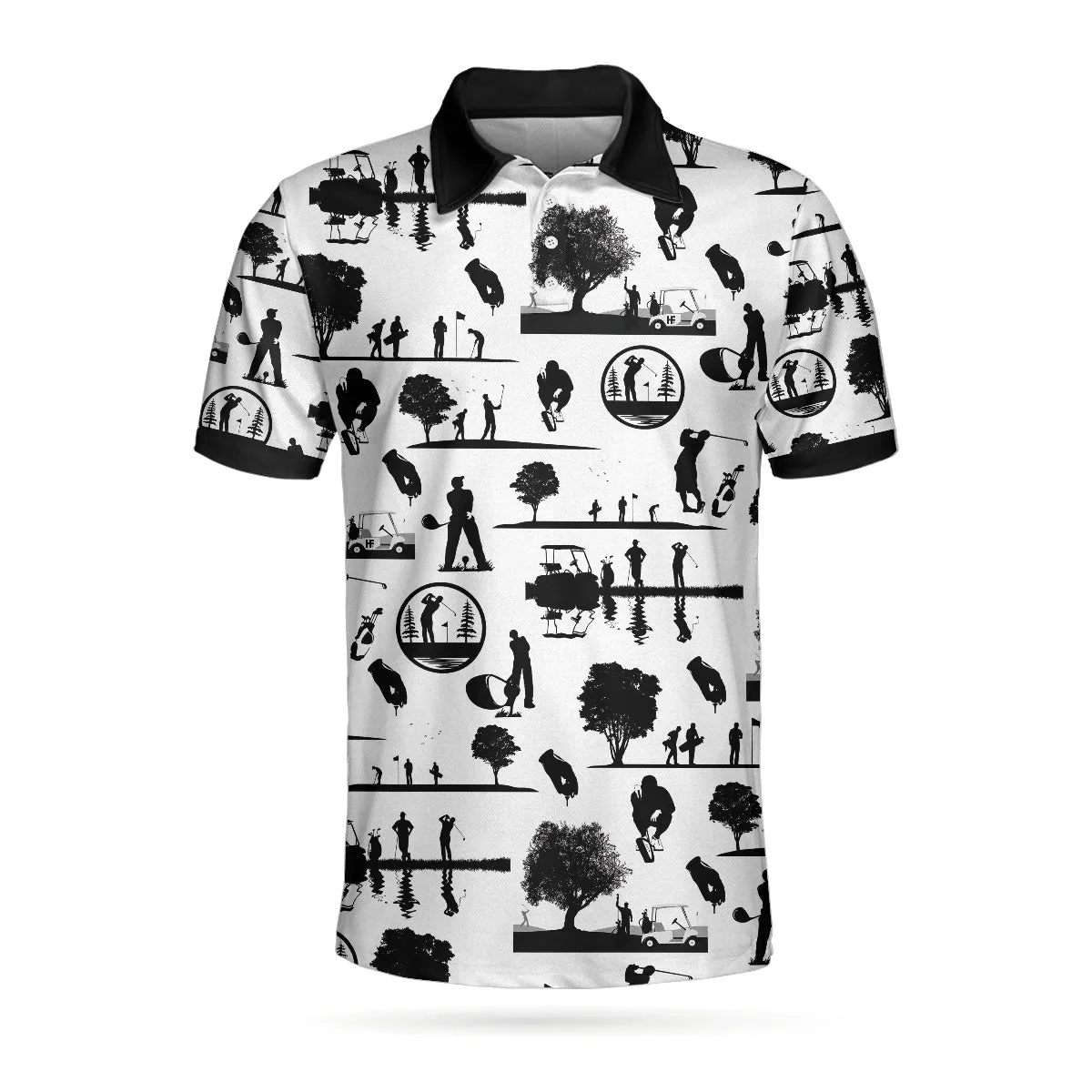 Vintage Silhouette Golfers All Over Print Polo Shirt, Black And White Golf Course Polo Shirt, Best Golf Shirt For Men Coolspod