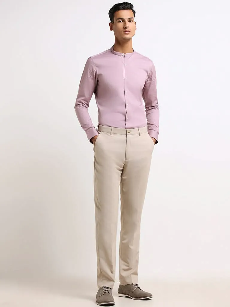 WES Formals Beige Cotton Straight-Cut Fit Trousers