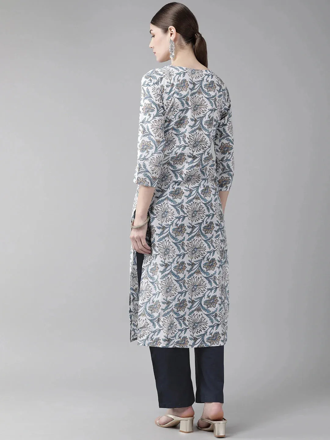 White & Navy-Blue Printed Kurta Set