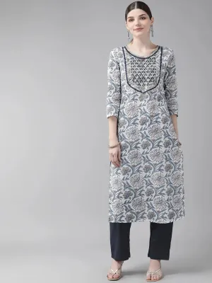 White & Navy-Blue Printed Kurta Set