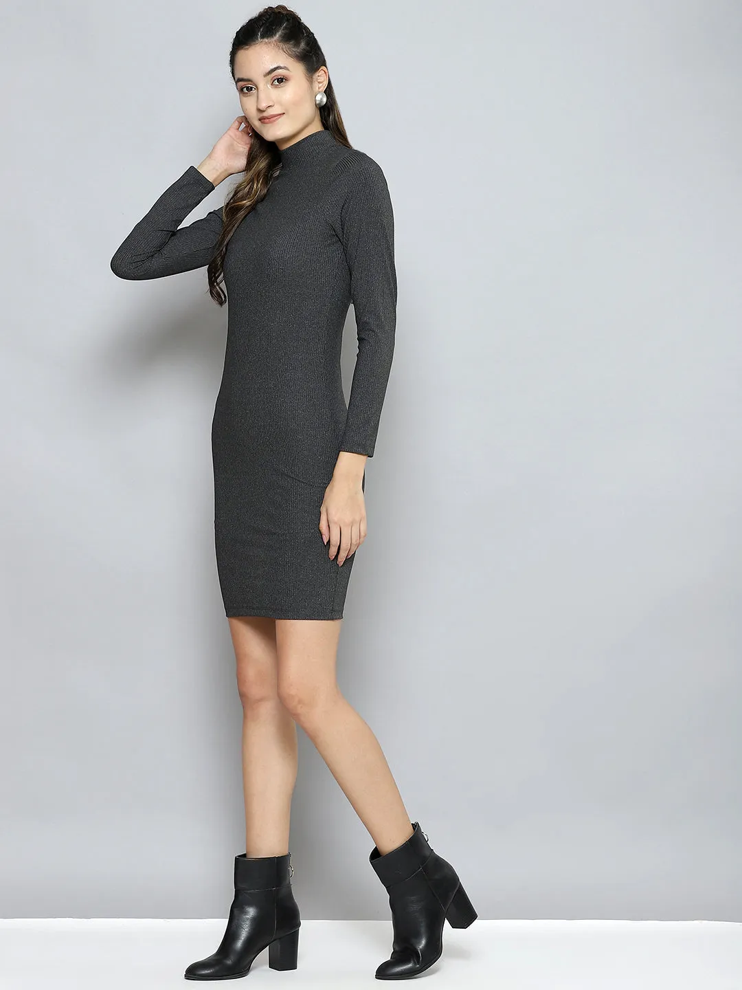 Women Dark Grey Rib High Neck Short Bodycon Dress