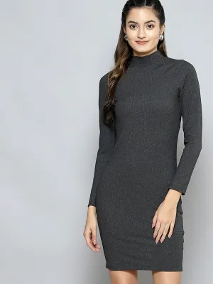 Women Dark Grey Rib High Neck Short Bodycon Dress