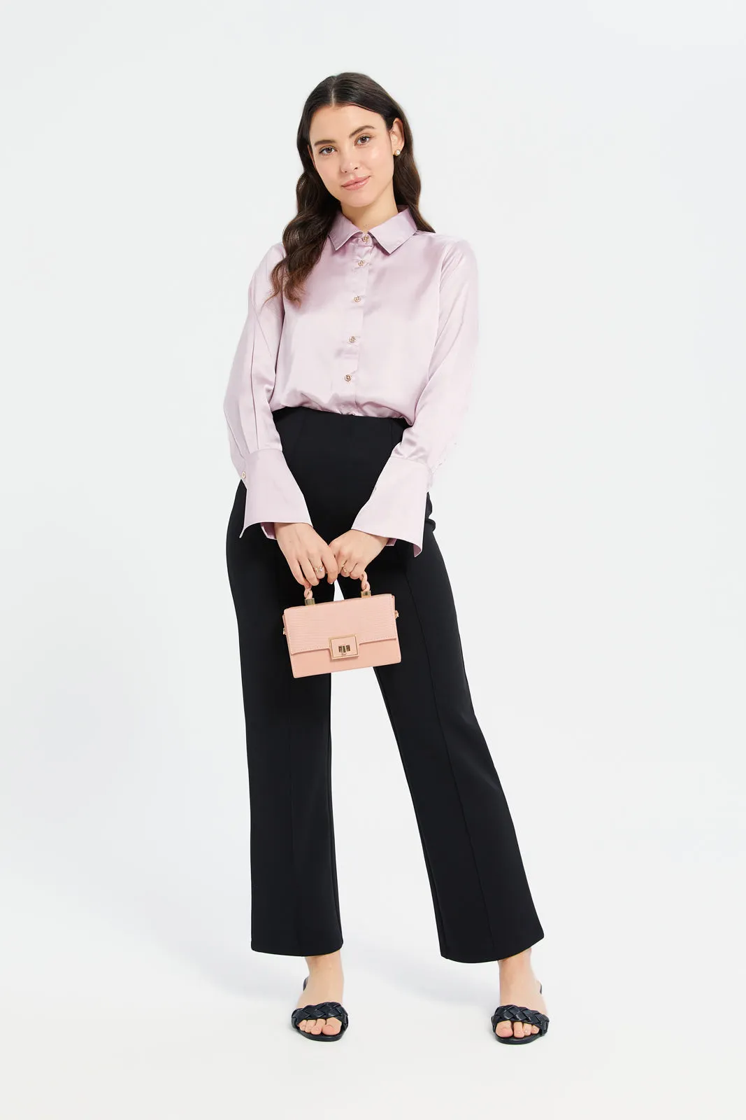 Women Lilac Wide Cuff Detailed Satin Shirt