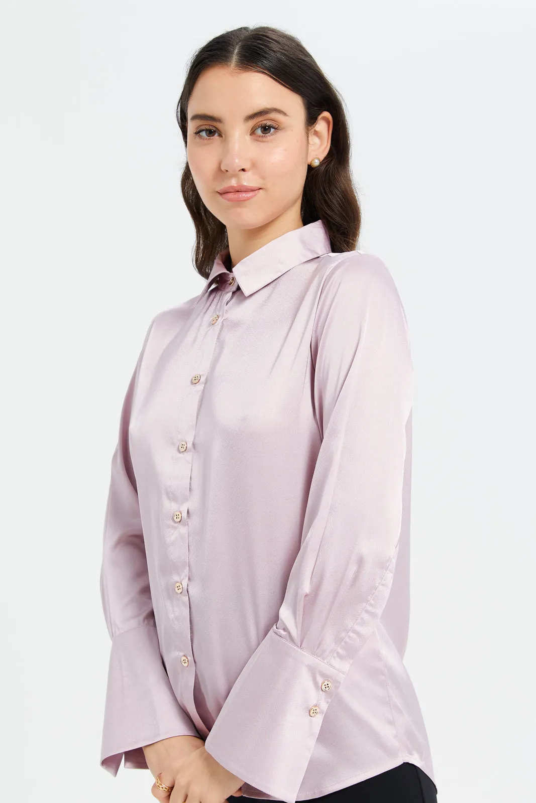 Women Lilac Wide Cuff Detailed Satin Shirt