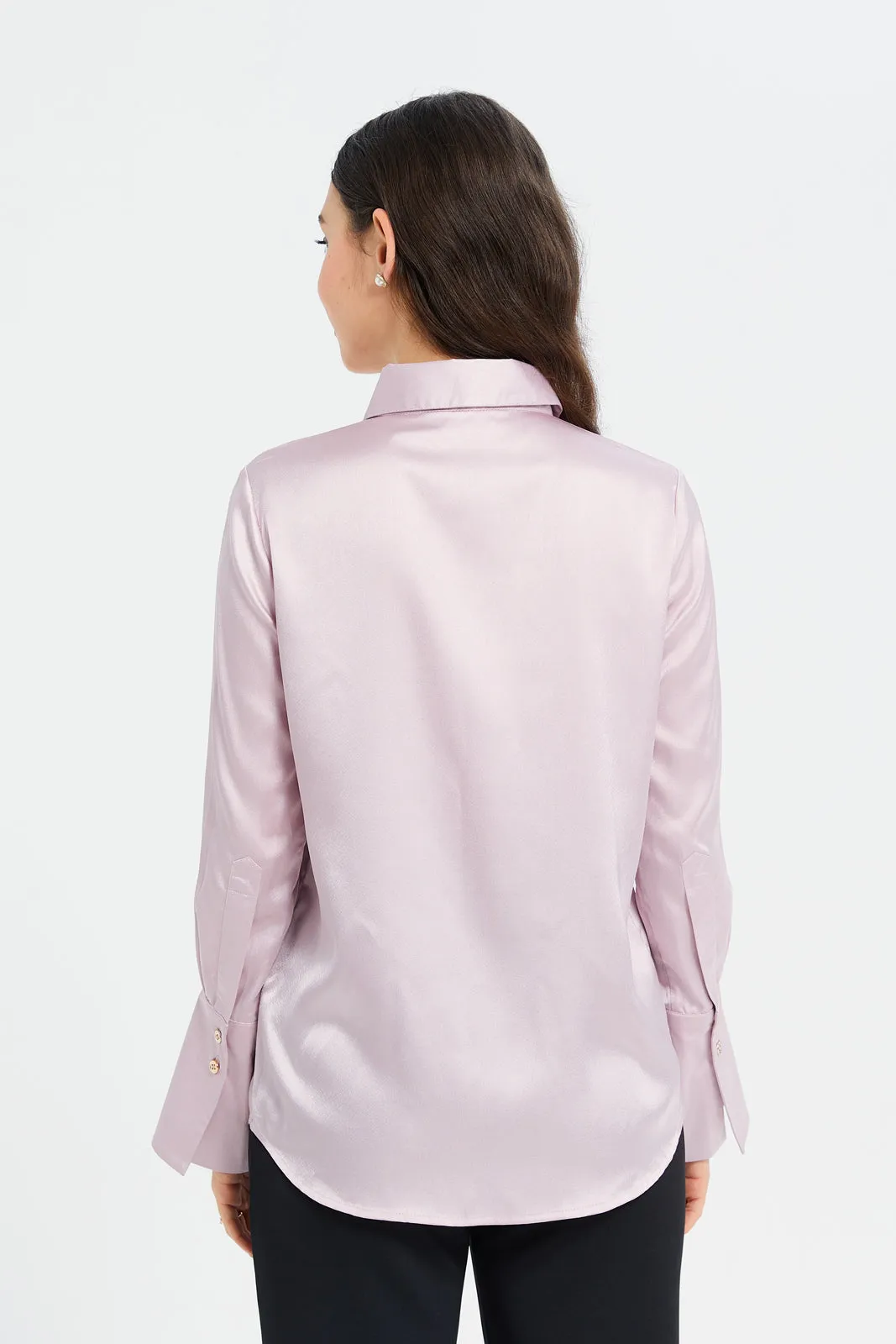 Women Lilac Wide Cuff Detailed Satin Shirt