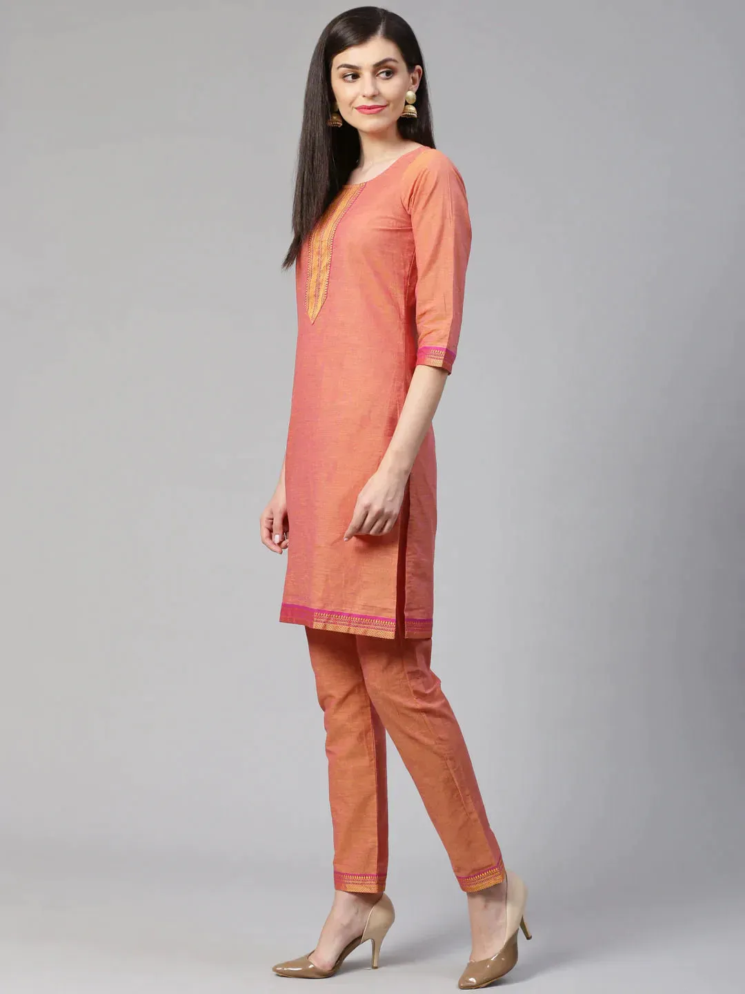 Women Pink Yoke Design Kurta With Trousers