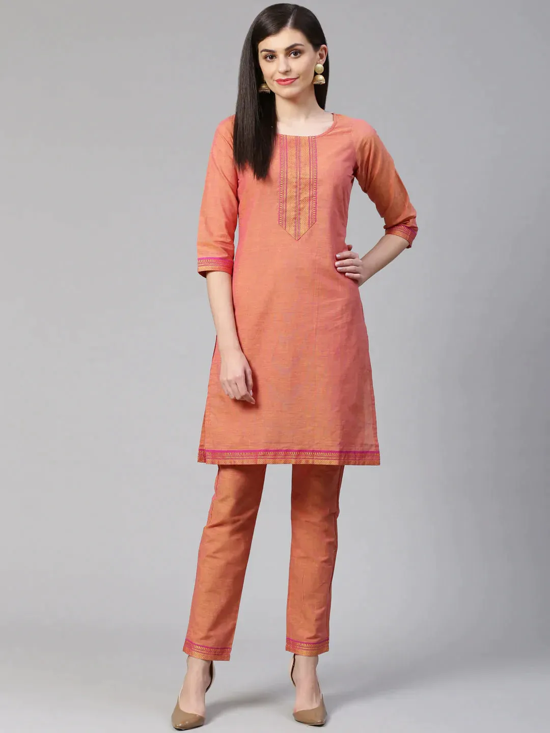 Women Pink Yoke Design Kurta With Trousers