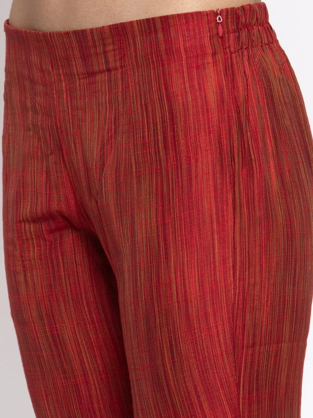 Women Red Self-Striped Kurta With Trousers & Georgette Dupatta