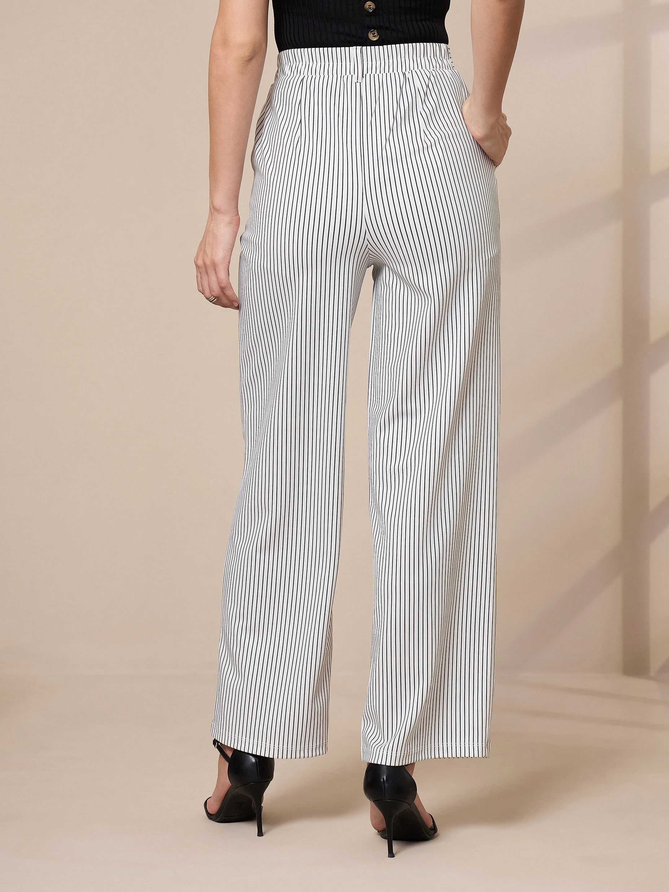 Women White Striped Straight Trousers