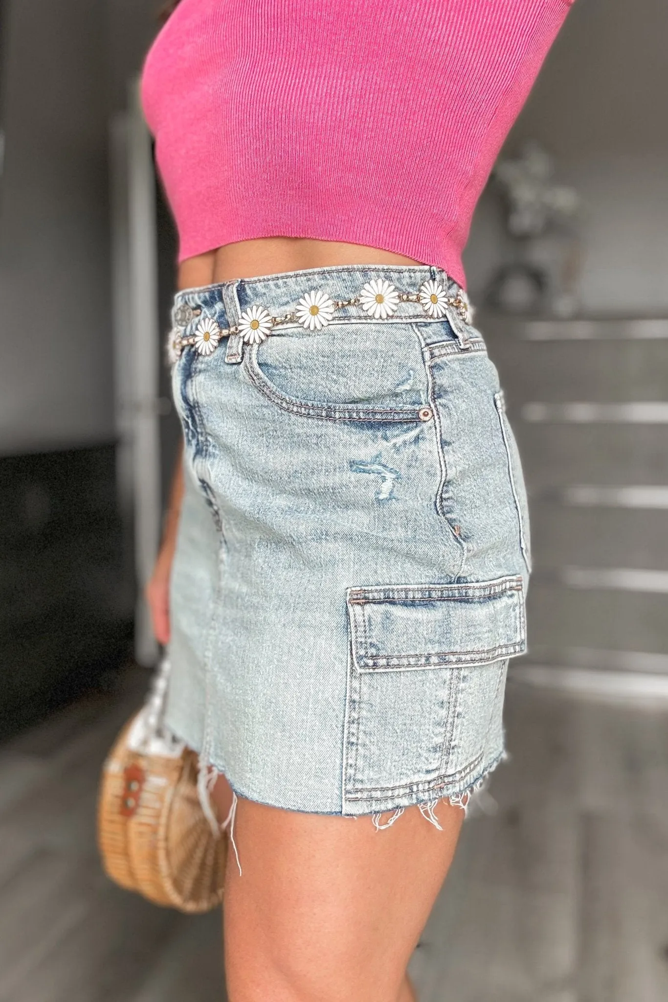 Women's Denim Cargo Mini Skirt | Light Wash