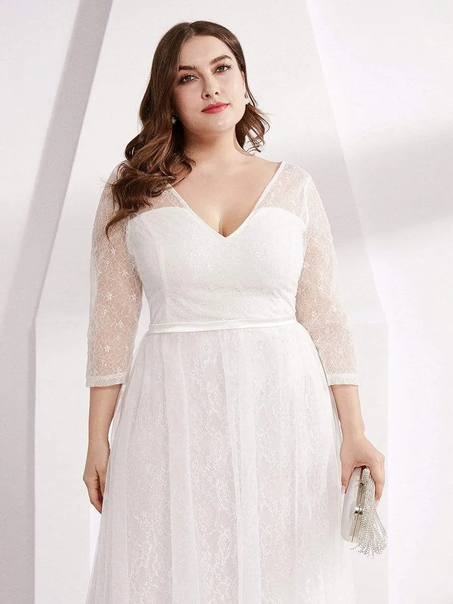 Women's V Neck 3/4 Sleeves Casual Lace Wedding Dress