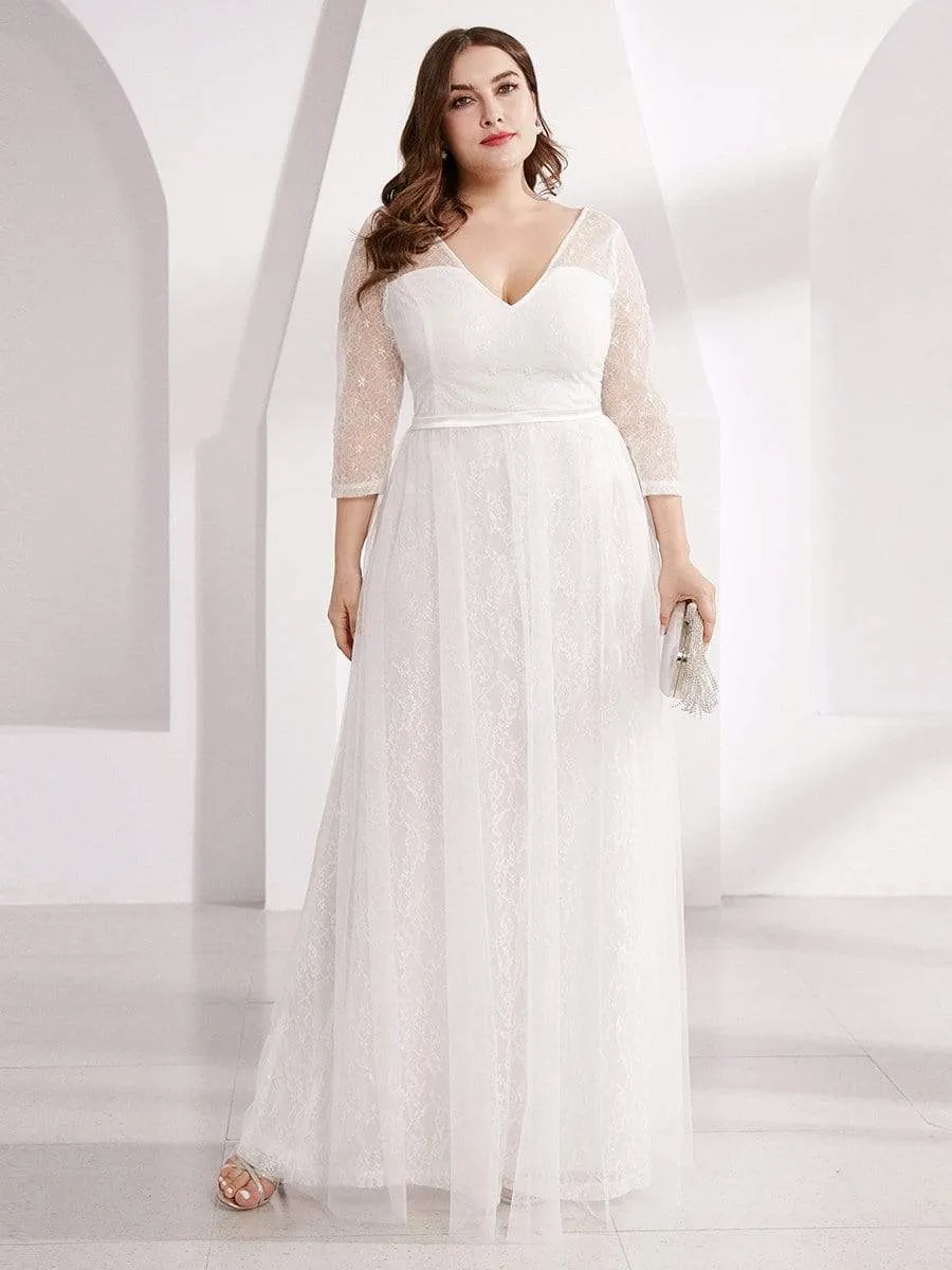 Women's V Neck 3/4 Sleeves Casual Lace Wedding Dress