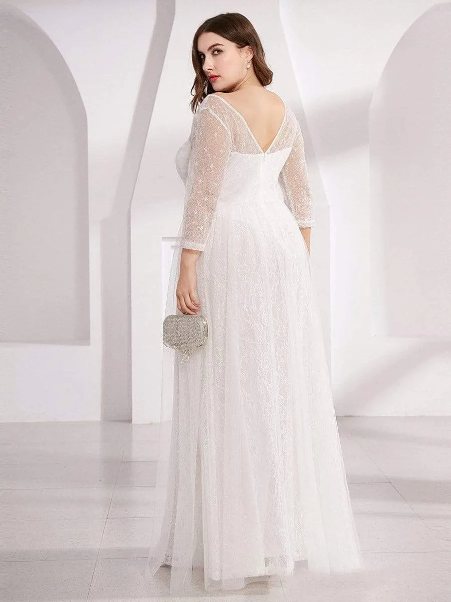 Women's V Neck 3/4 Sleeves Casual Lace Wedding Dress