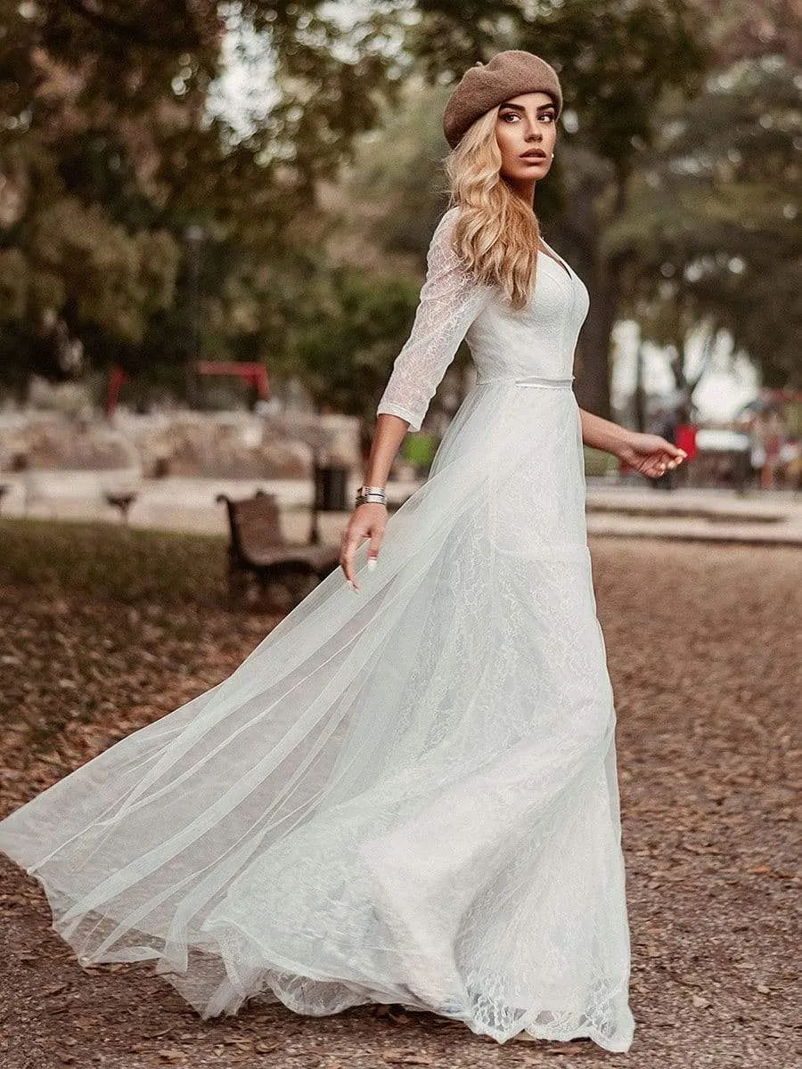 Women's V Neck 3/4 Sleeves Casual Lace Wedding Dress