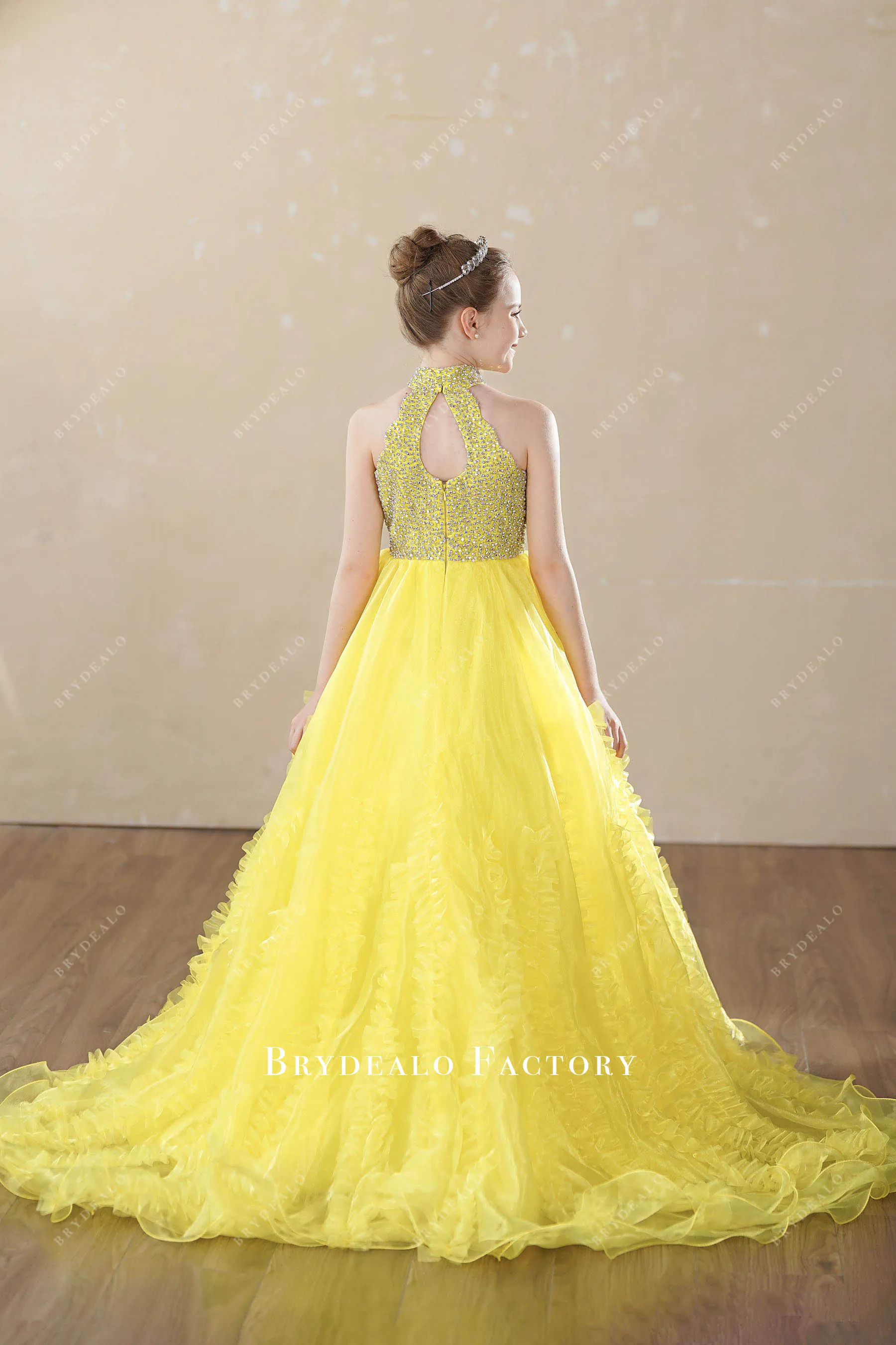 Yellow Organza Sparkly Sleeveless Little Girl Pageant Dress