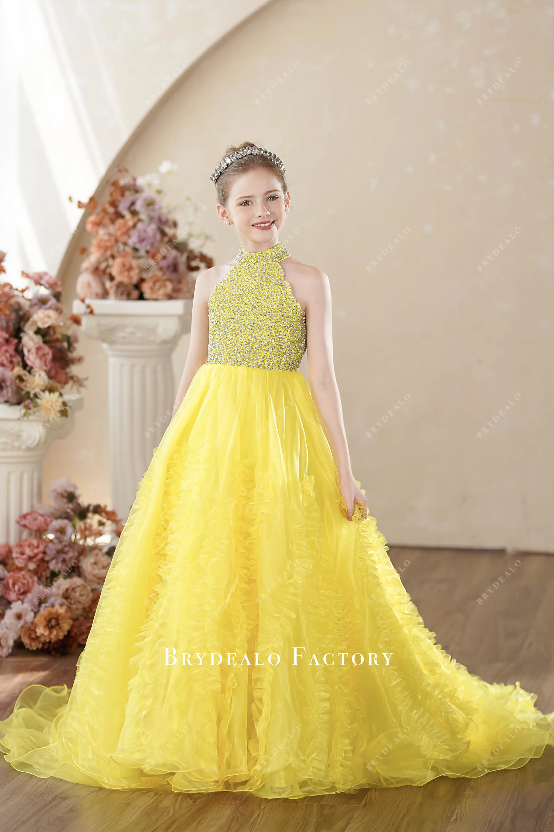 Yellow Organza Sparkly Sleeveless Little Girl Pageant Dress