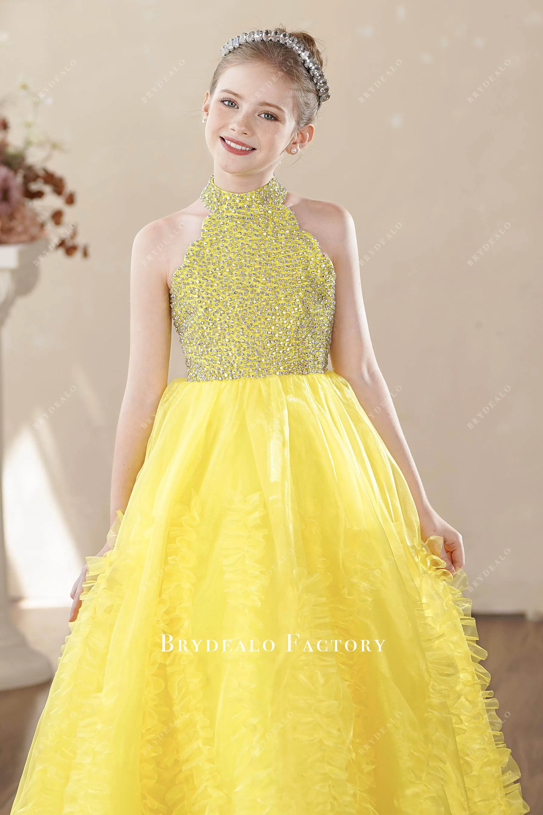 Yellow Organza Sparkly Sleeveless Little Girl Pageant Dress