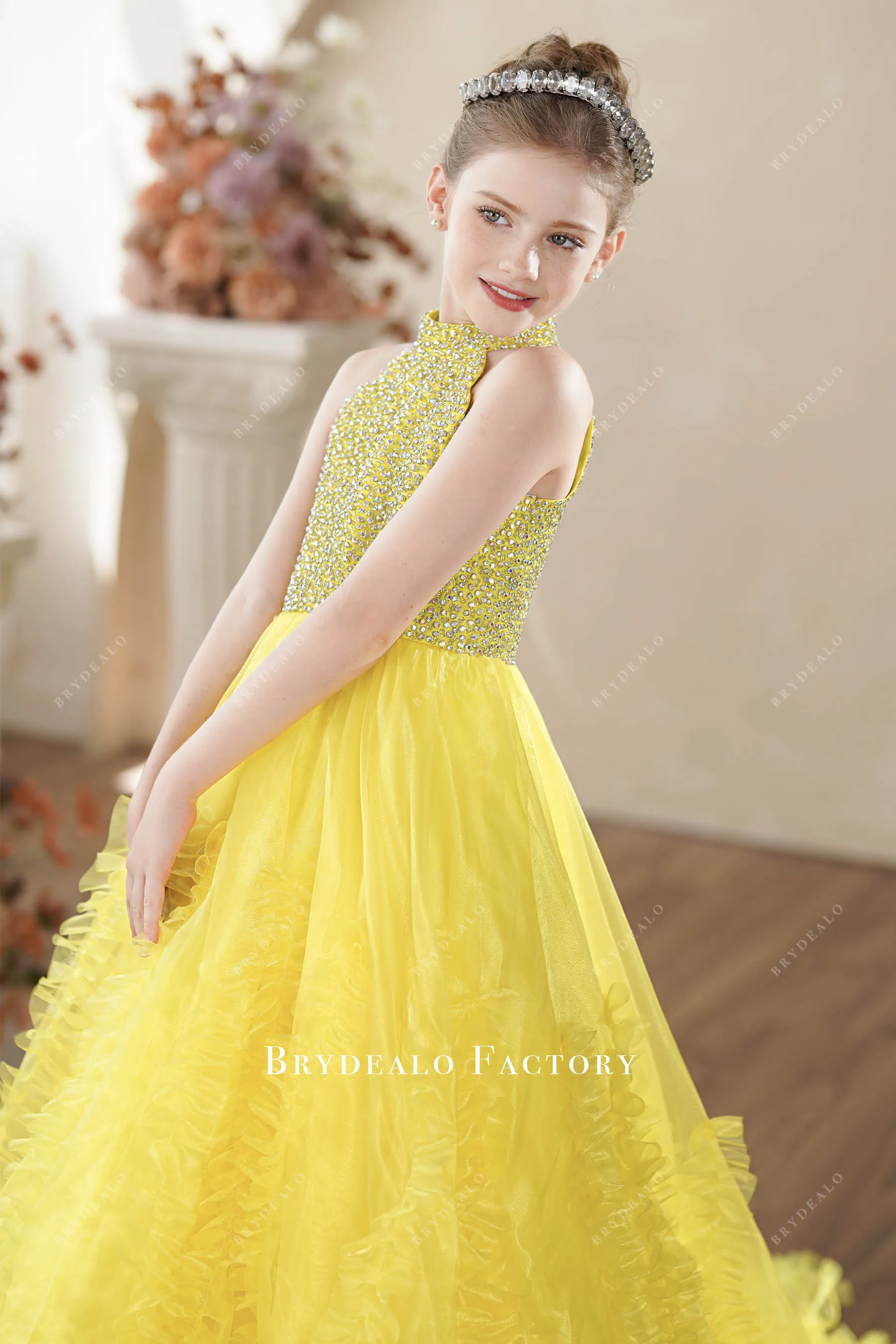 Yellow Organza Sparkly Sleeveless Little Girl Pageant Dress