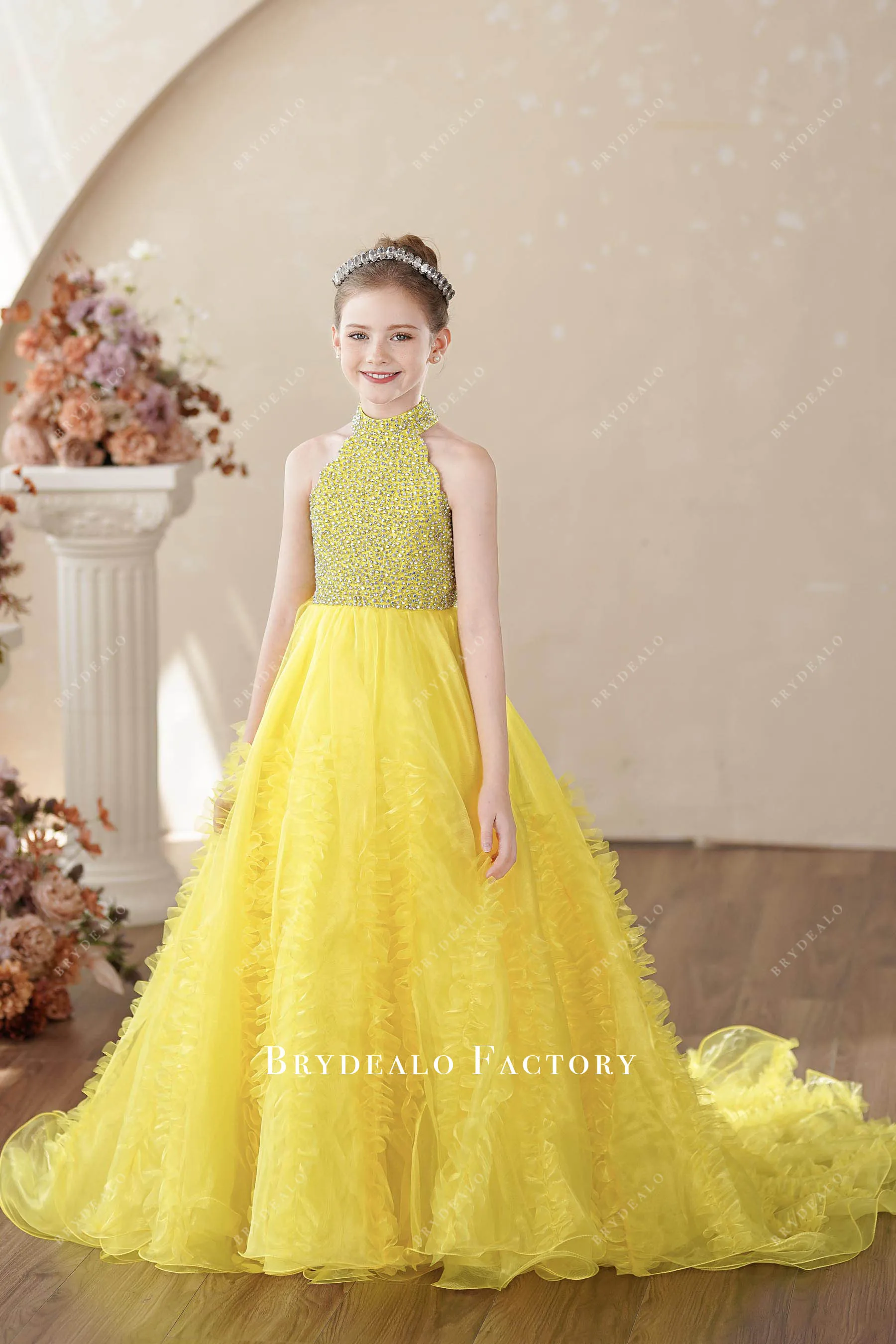 Yellow Organza Sparkly Sleeveless Little Girl Pageant Dress