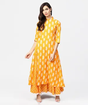 Yellow Printed 3/4Th Sleeve Cotton A-Line Kurta With Flared Ankle Length Skirt