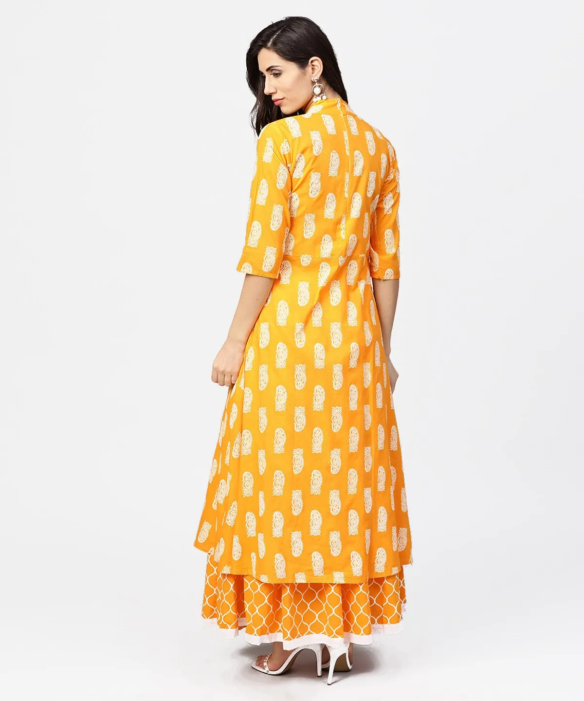 Yellow Printed 3/4Th Sleeve Cotton A-Line Kurta With Flared Ankle Length Skirt