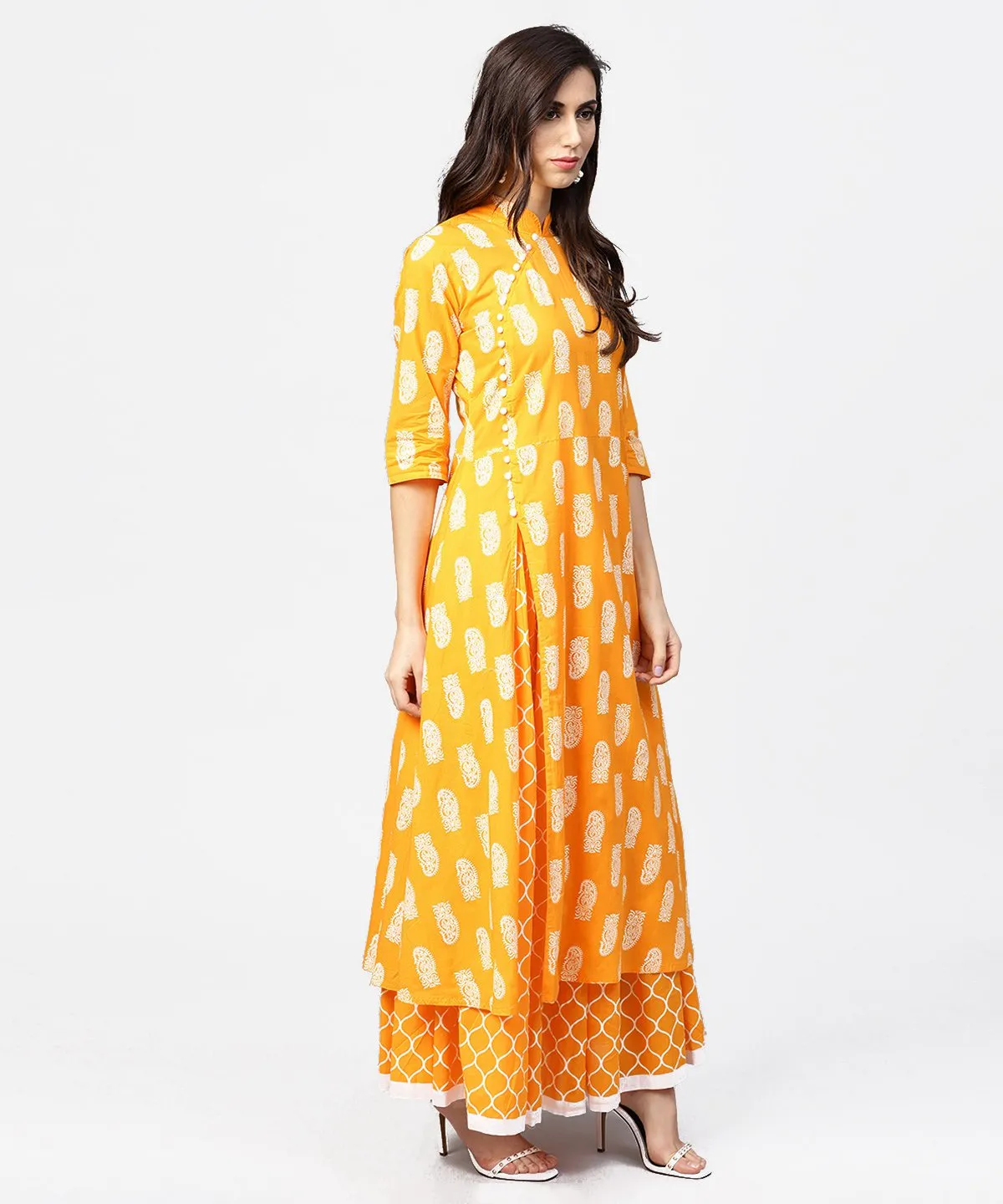 Yellow Printed 3/4Th Sleeve Cotton A-Line Kurta With Flared Ankle Length Skirt